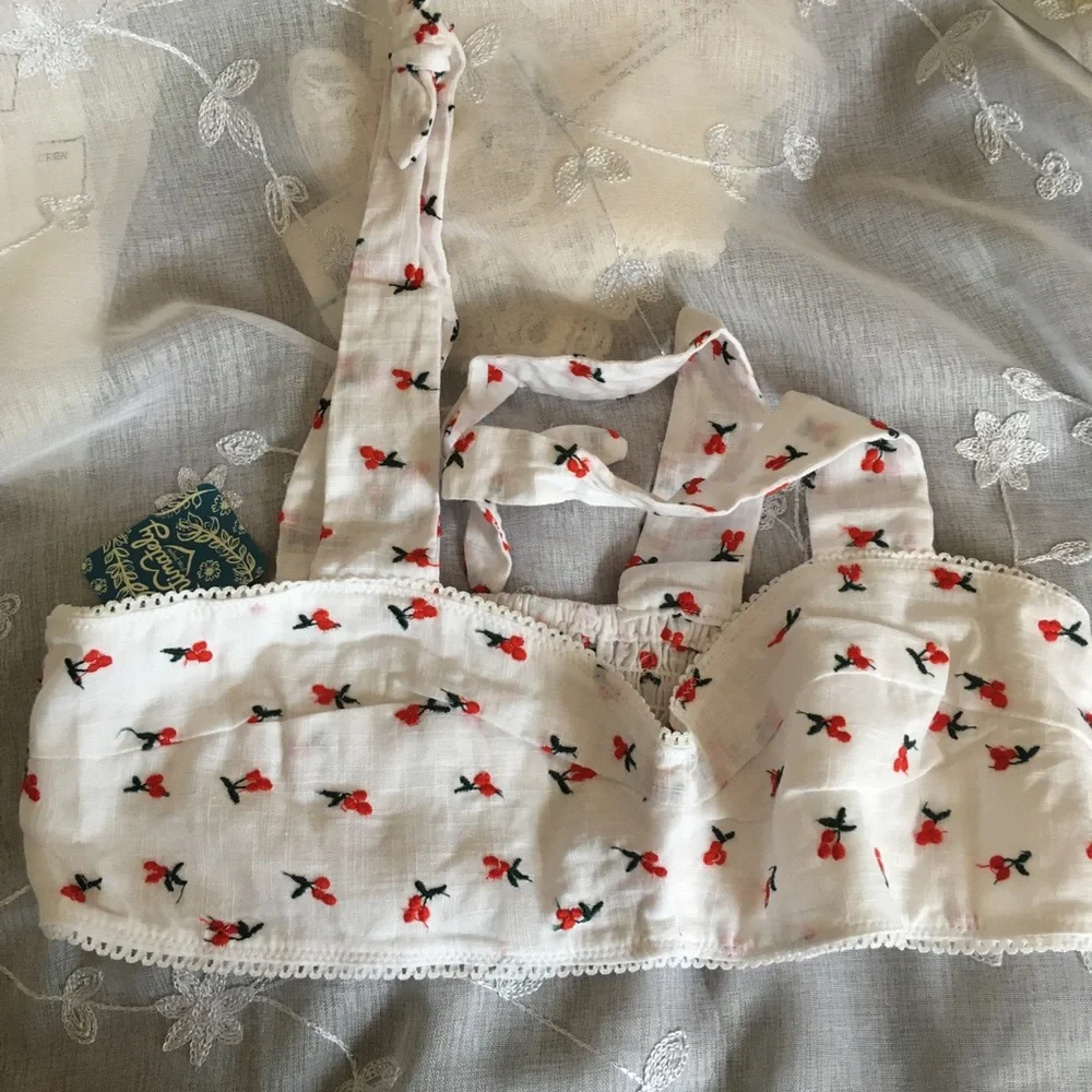 Free People Bralette Combo Red & white lace trim Size Medium - Picture 6 of 12